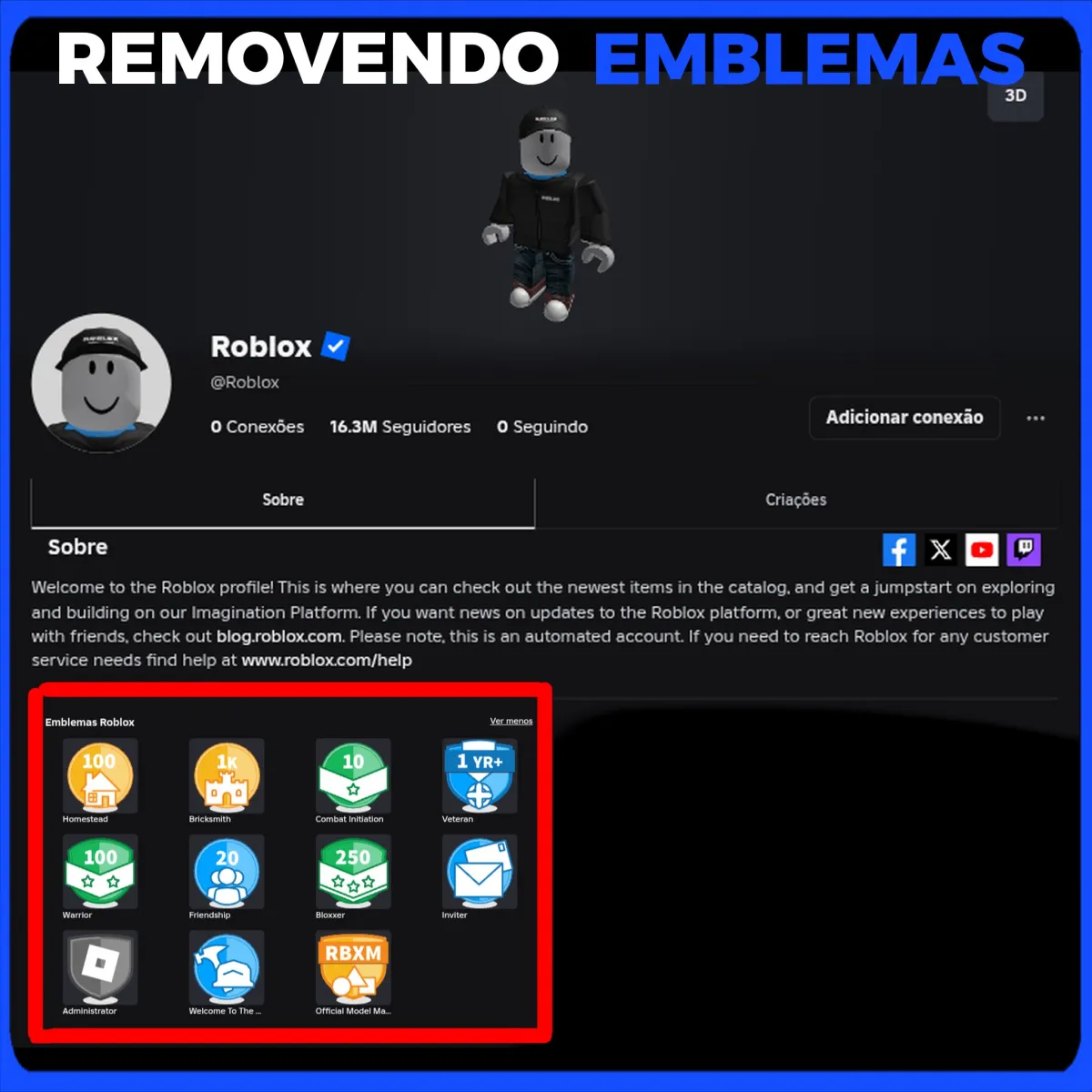 Perfil do Roblox com emblemas clássicos do sistema