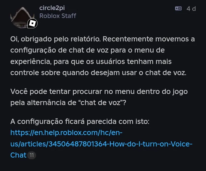 Chat de Voz do Roblox ativado dentro da experiência no celular