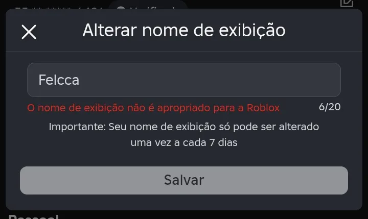 Roblox bloqueando o nome Felcca como inapropriado