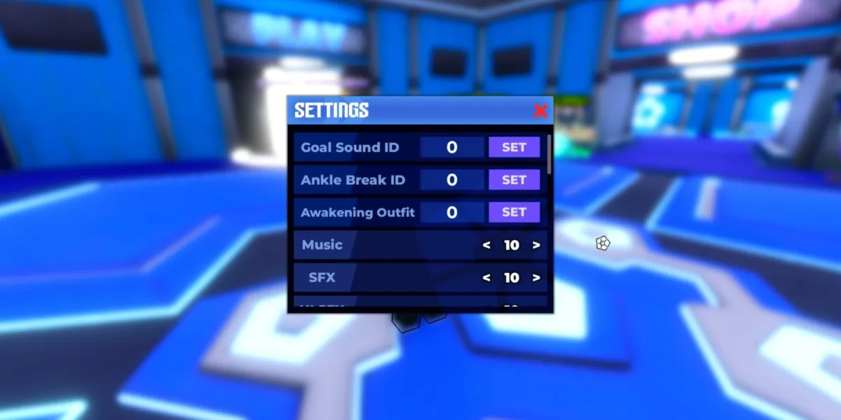Menu de configura&ccedil;&otilde;es para usar Sound ID no Blue Lock Rivals Roblox