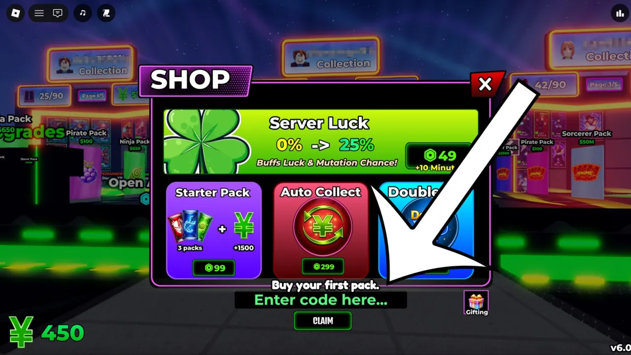 Tela de resgate de códigos Roblox no Anime Card Collection – passo 2