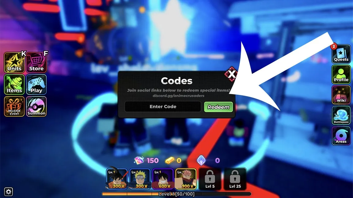 Tela de resgate de códigos Roblox no Anime Crusaders – passo 2