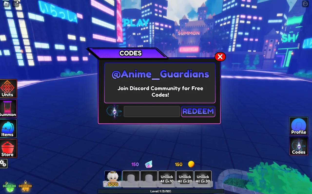 Tela de resgate de códigos Roblox no Anime Guardians – passo 2