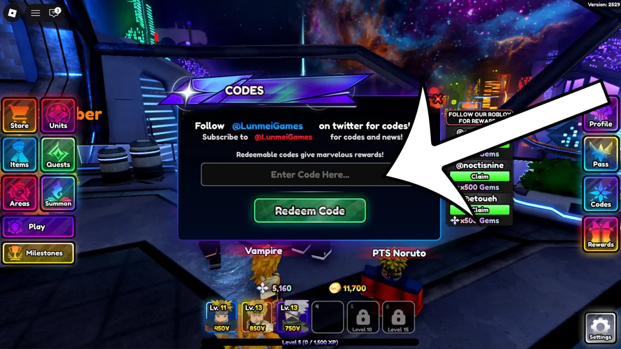 An arrow pointing at the codes menu in the Roblox game Anime Paradox.