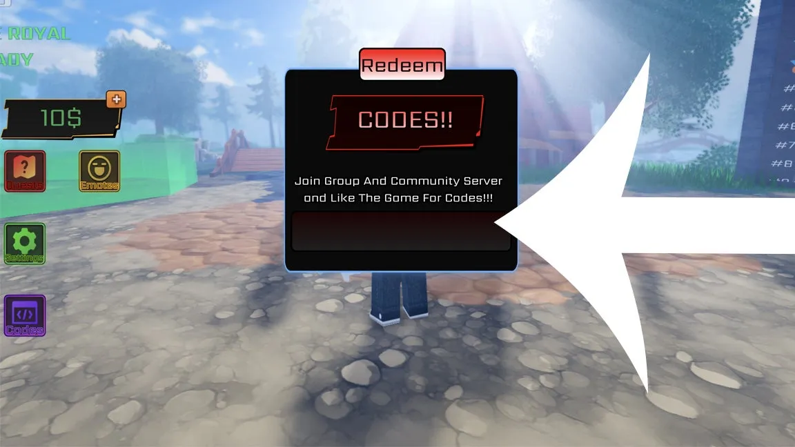 Tela de resgate de códigos Roblox no Anime Rails – passo 2