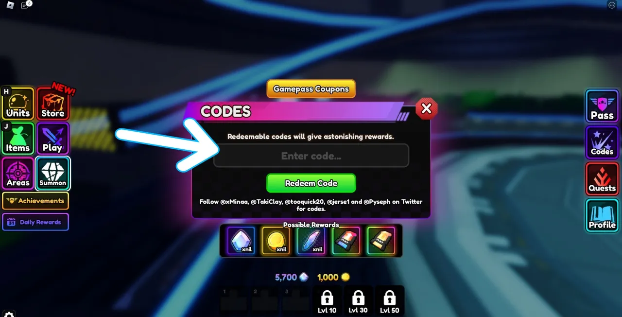 Tela de resgate de códigos Roblox no Anime Vanguards – passo 2