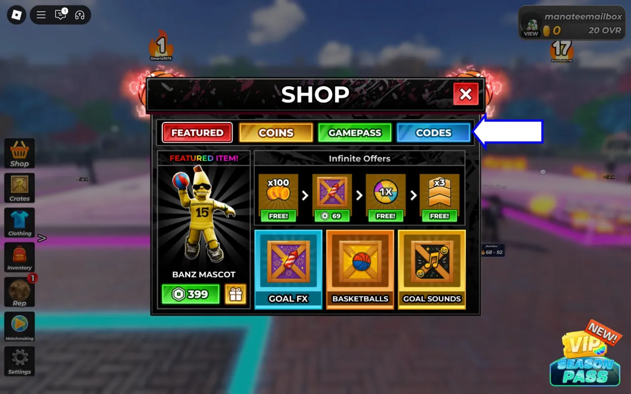 Tela de resgate de códigos Roblox no Arcade Basketball – passo 2