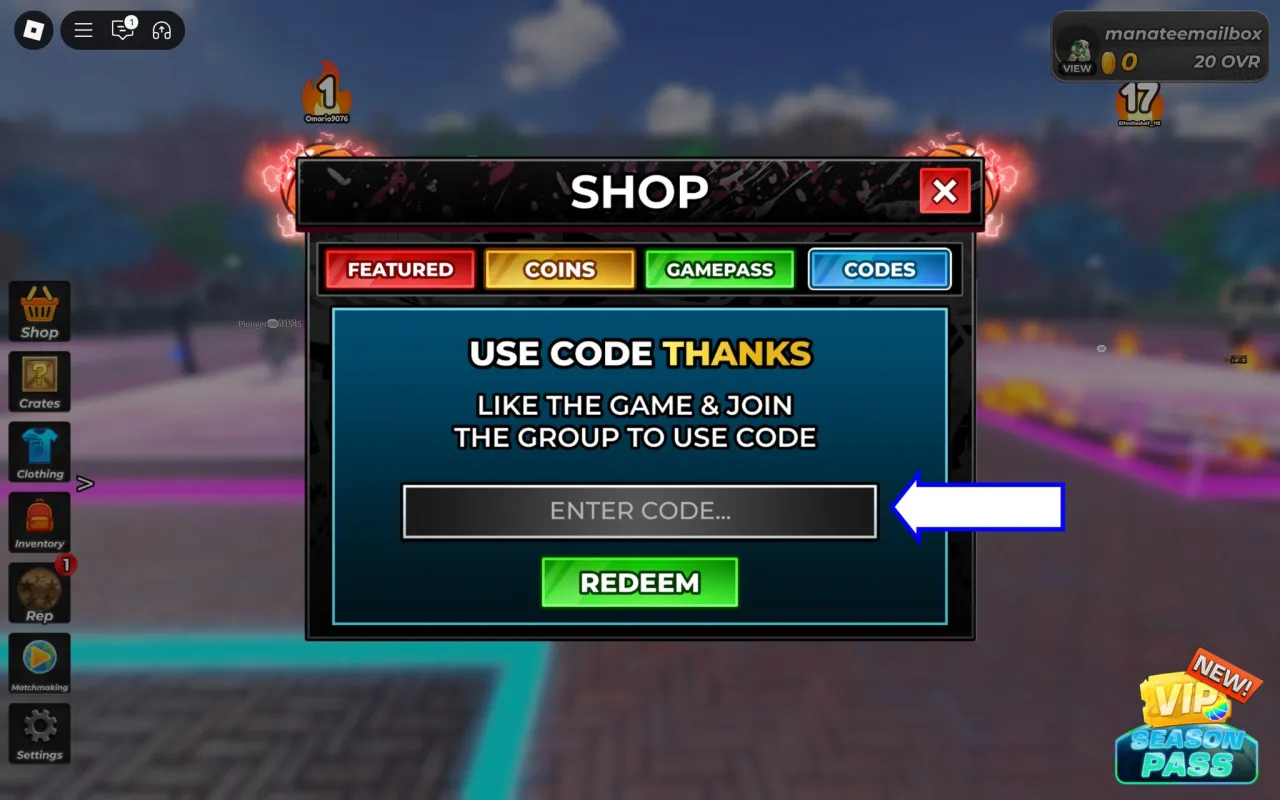 Onde inserir códigos Roblox no Arcade Basketball – passo 3