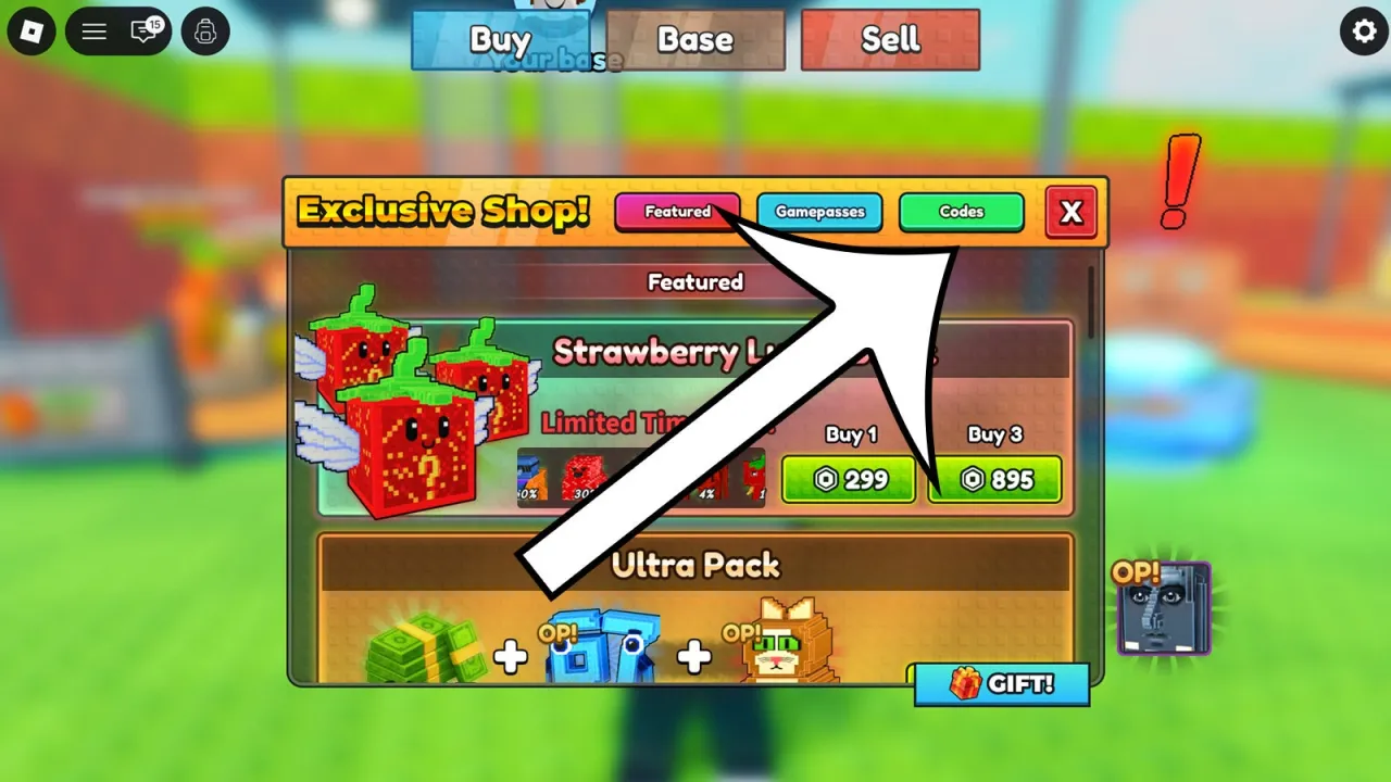 An arrow pointing at the button for the codes menu in the Roblox game Be a Lucky Block.