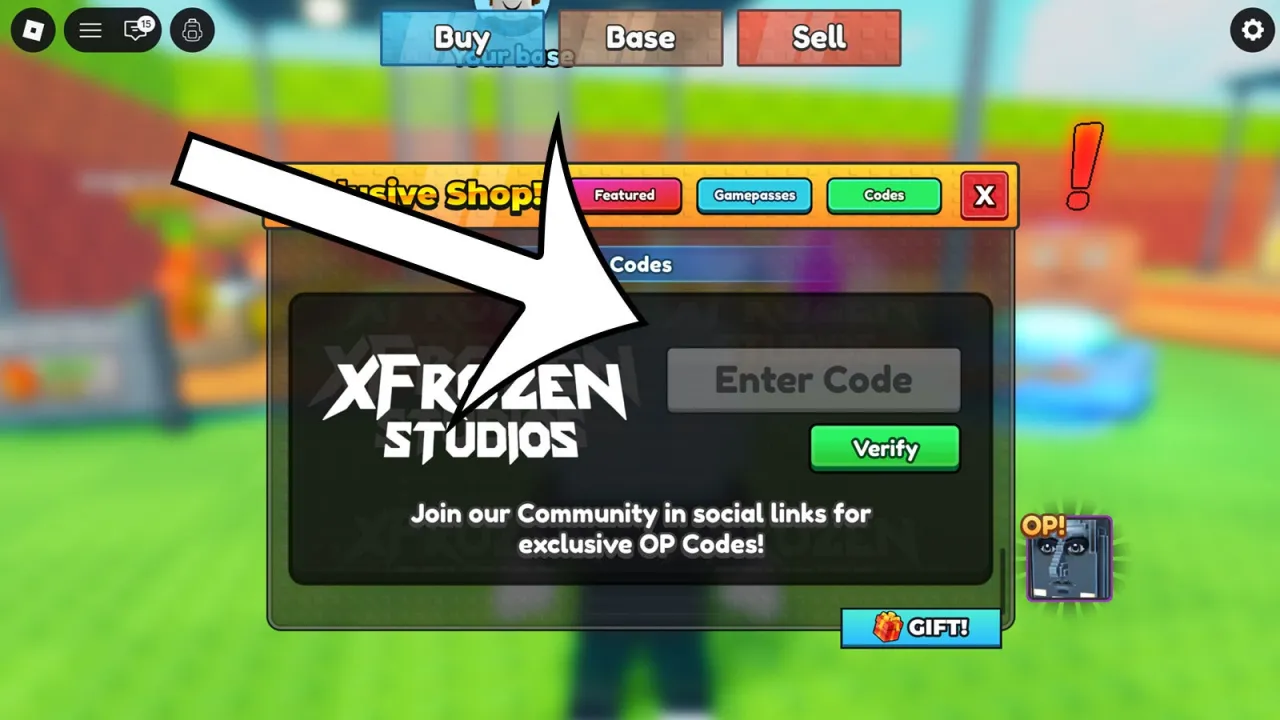 An arrow pointing at the codes menu in the Roblox game Be a Lucky Block.