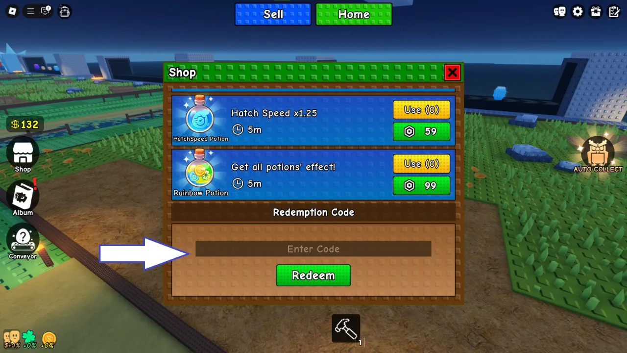 Tela de resgate de c&oacute;digos Roblox no Build A Zoo &ndash; passo 2