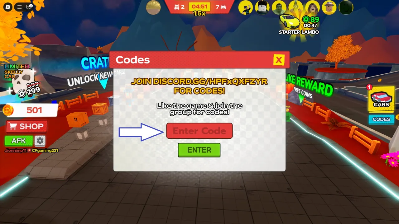 Tela de resgate de códigos Roblox no Cars Vs Trucks – passo 2