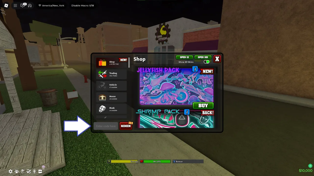 Tela de resgate de códigos Roblox no Da Hood – passo 2
