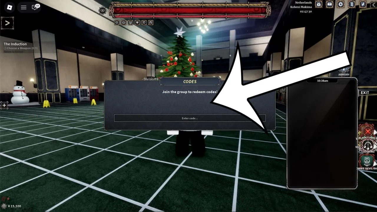 An arrow pointing at the codes menu in the Roblox game Devil Hunter.