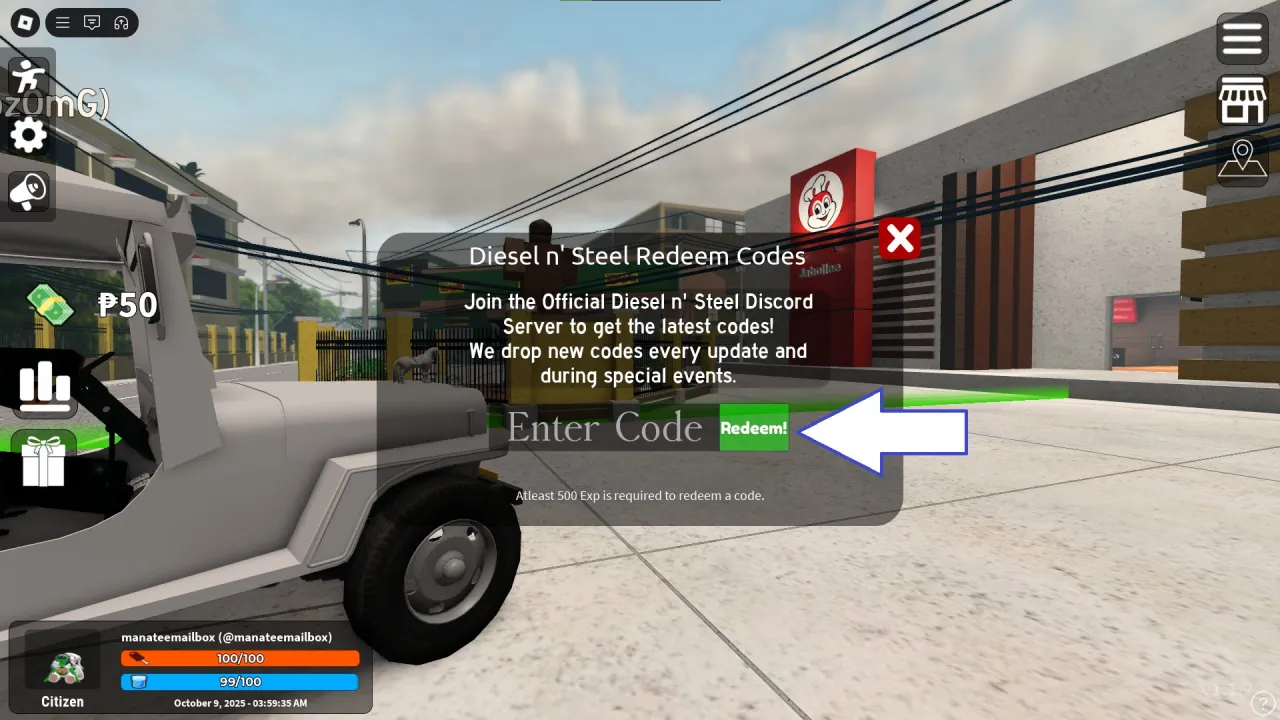 Tela de resgate de c&oacute;digos Roblox no Diesel N Steel &ndash; passo 2