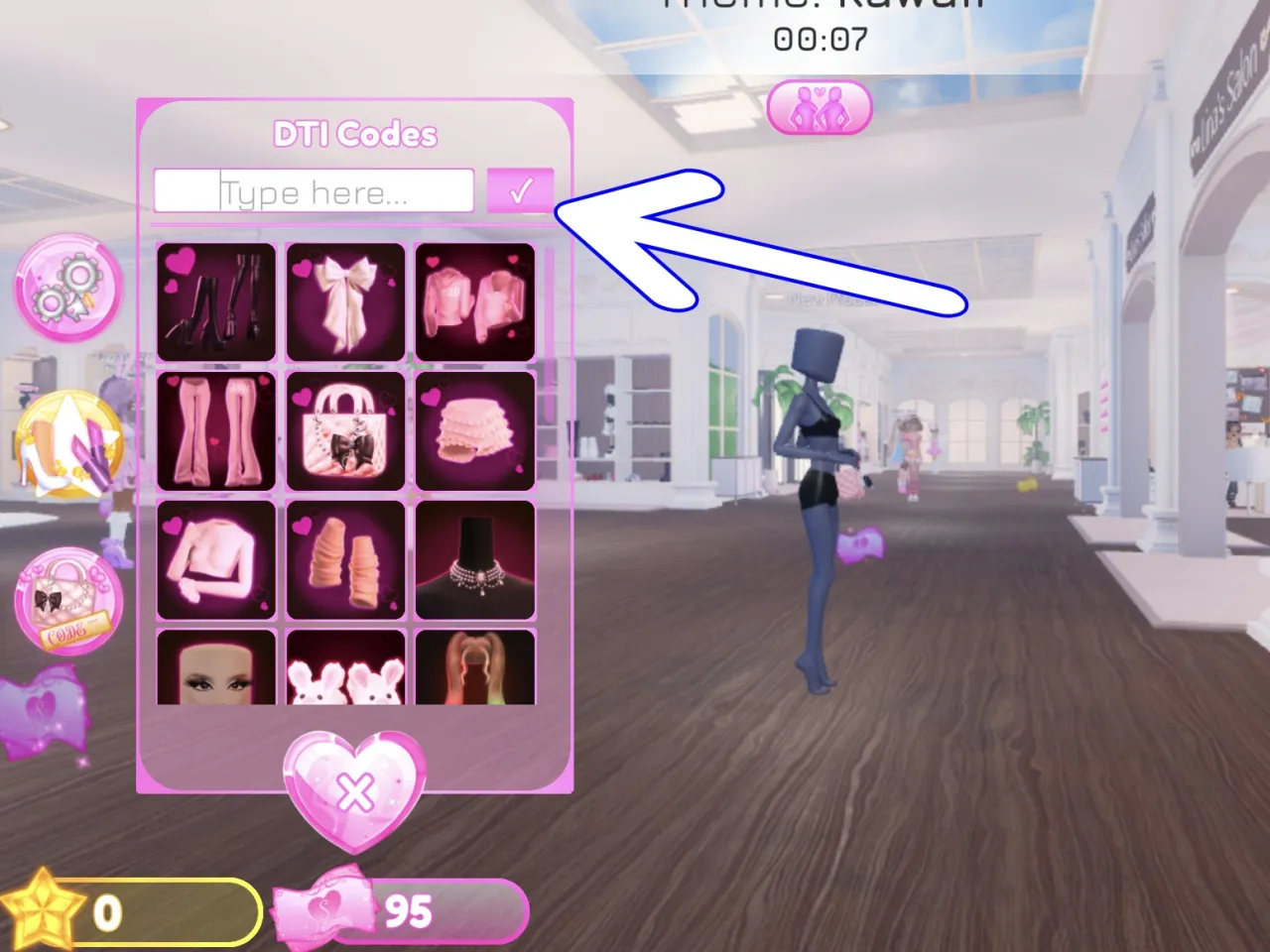 Tela de resgate de c&oacute;digos Roblox no Dress To Impress &ndash; passo 2