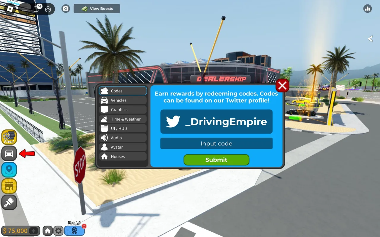 Tela de resgate de códigos Roblox no Driving Empire – passo 2