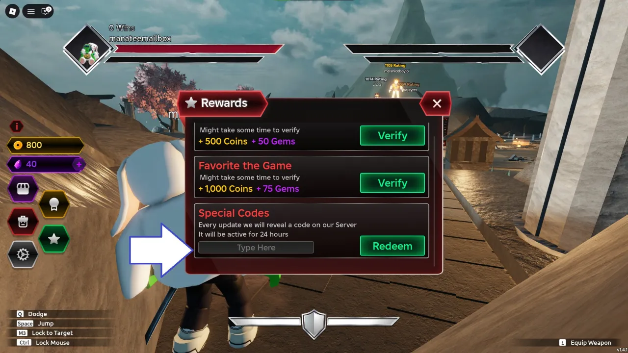 Tela de resgate de c&oacute;digos Roblox no Dueling Grounds &ndash; passo 2