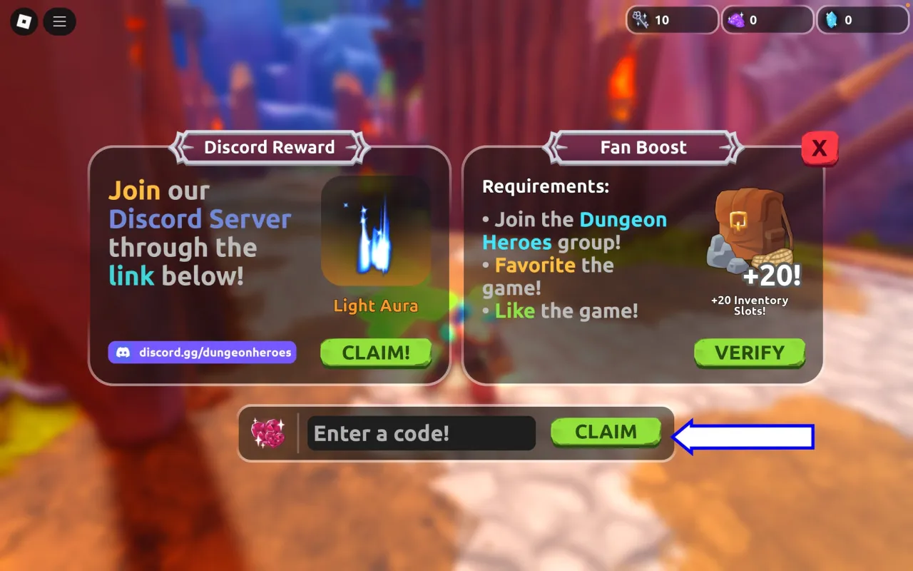 Tela de resgate de códigos Roblox no Dungeon Heroes – passo 2