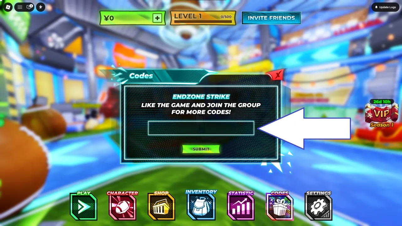 Tela de resgate de c&oacute;digos Roblox no Endzone Strike &ndash; passo 2