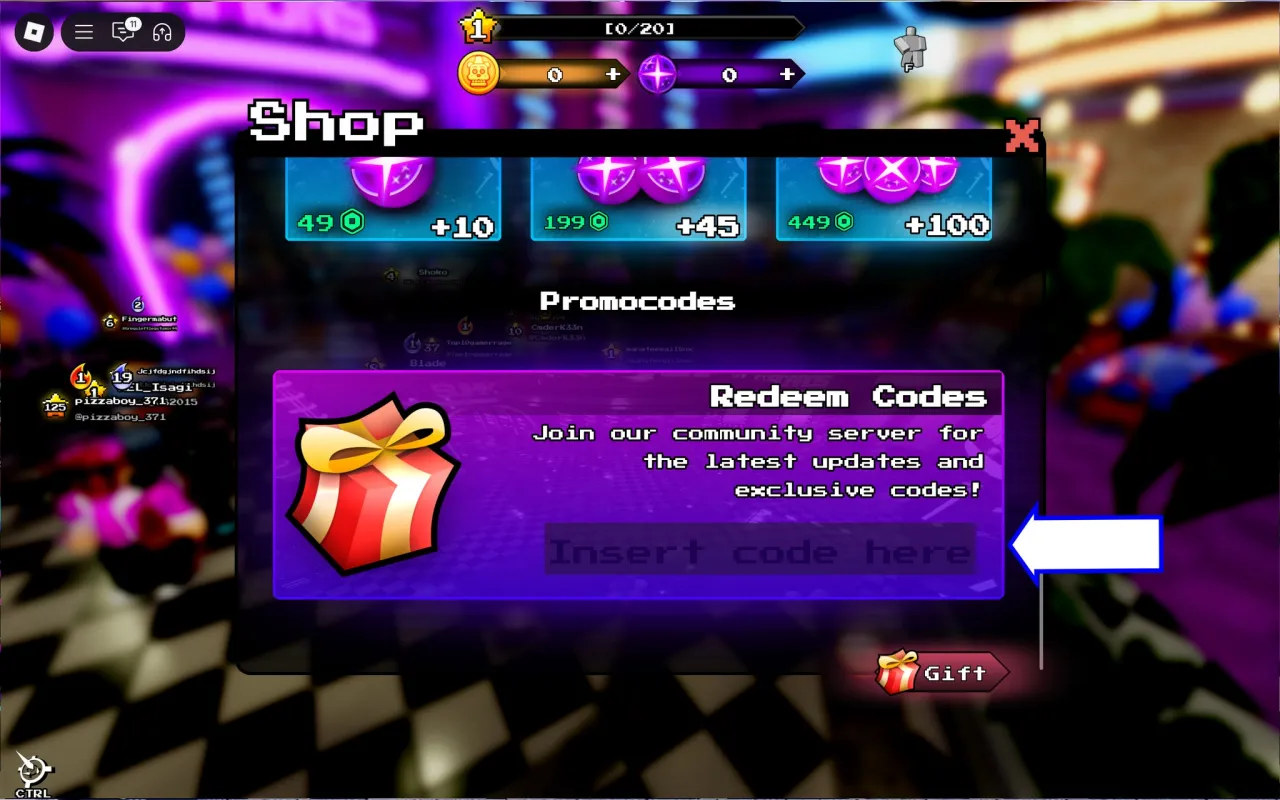 Tela de resgate de códigos Roblox no Five Nights Hunted – passo 2
