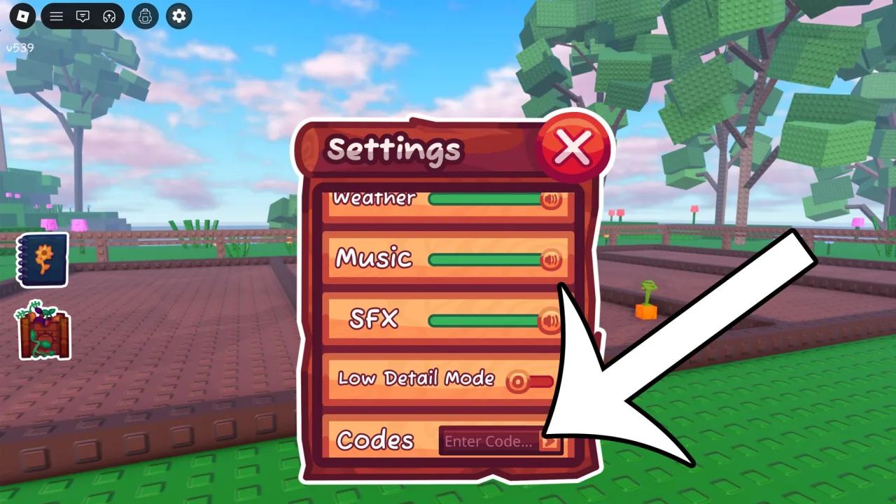 An arrow pointing at the codes menu in the Roblox game Garden Horizons.