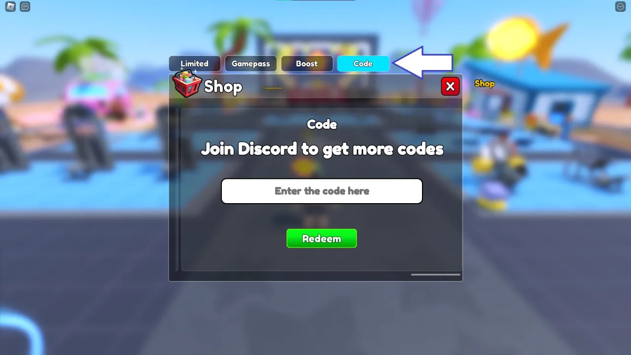 Tela de resgate de códigos Roblox no Gym Star Simulator – passo 2