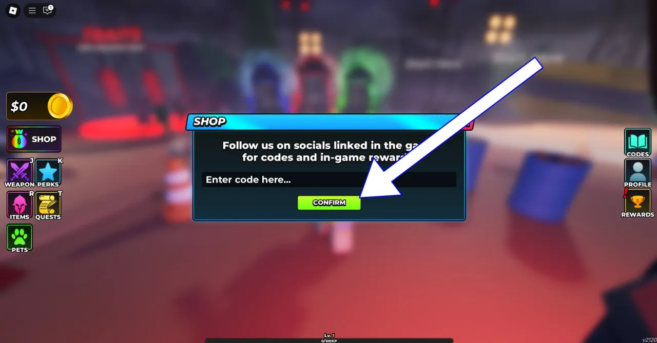 Tela de resgate de códigos Roblox no Hunty Zombie – passo 2