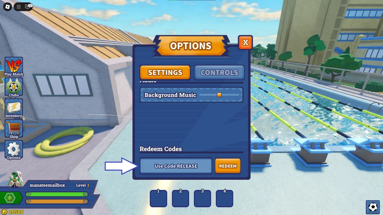Tela de resgate de códigos Roblox no Inazuma Strikers – passo 2