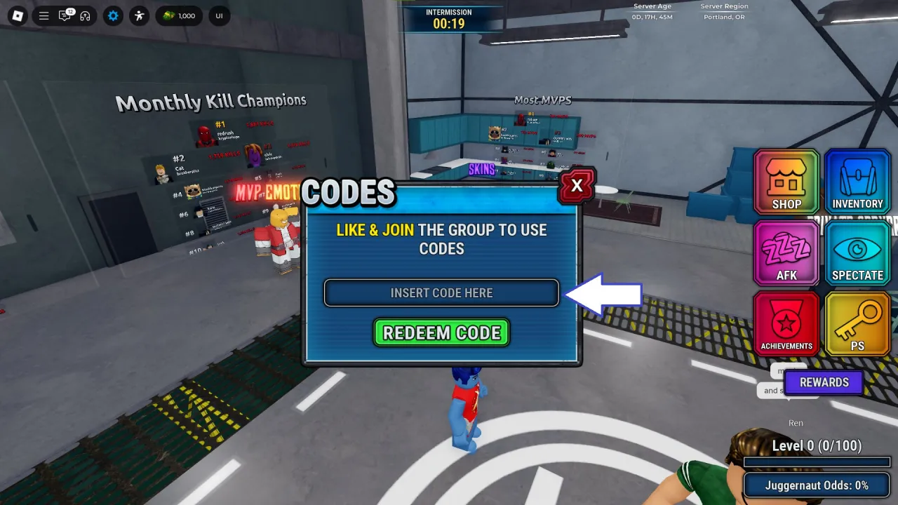 Onde inserir códigos Roblox no Invincible Showdown – passo 3