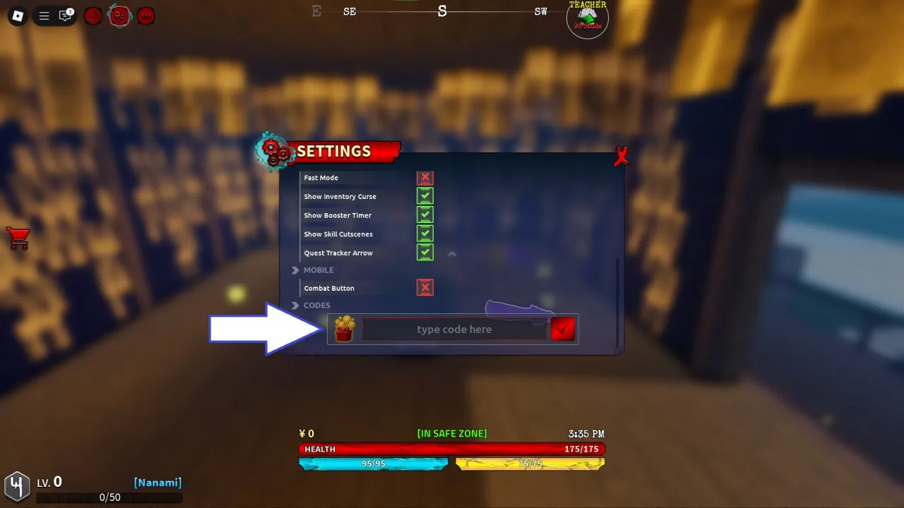Tela de resgate de c&oacute;digos Roblox no Kaizen &ndash; passo 2