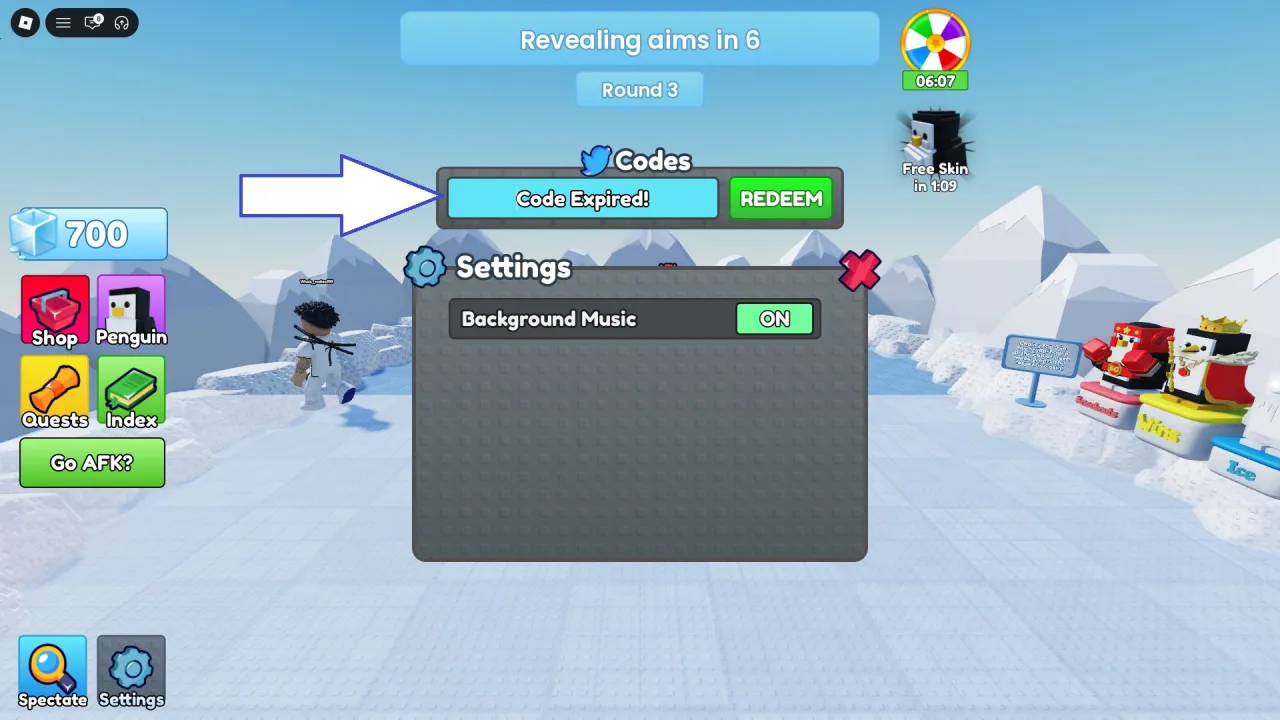 A screenshot of Knockout in Roblox showing the game's codes field.