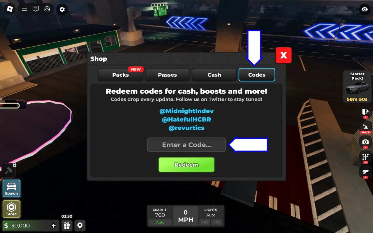 Tela de resgate de c&oacute;digos Roblox no Midnight Chasers &ndash; passo 2