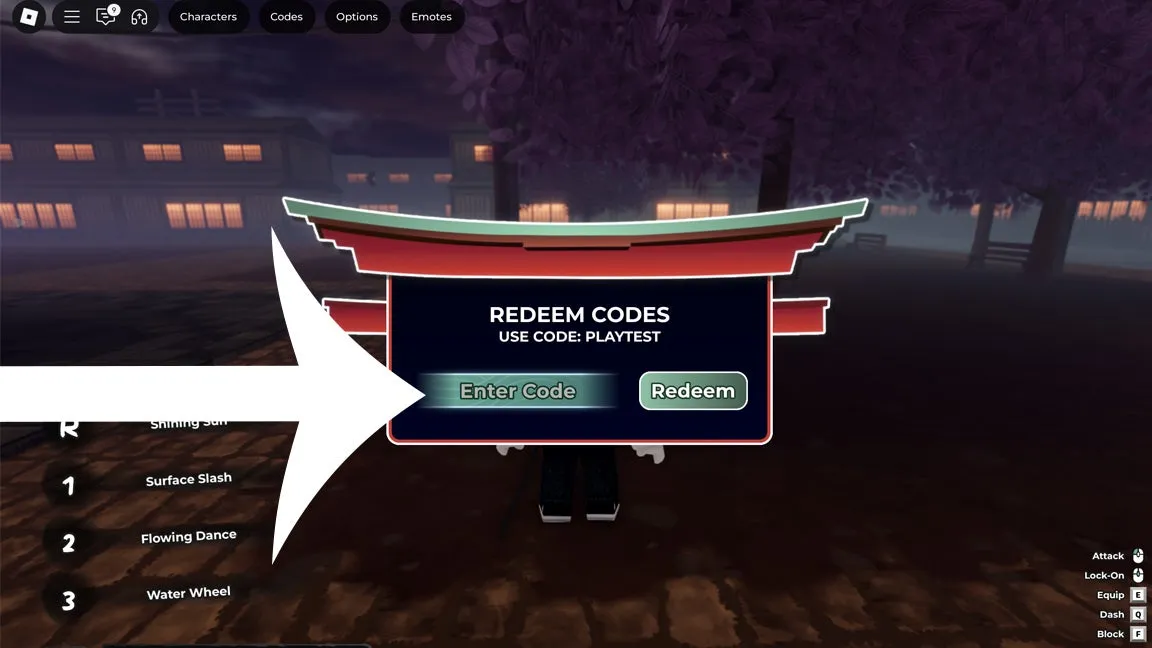 Tela de resgate de códigos Roblox no Mugen – passo 2