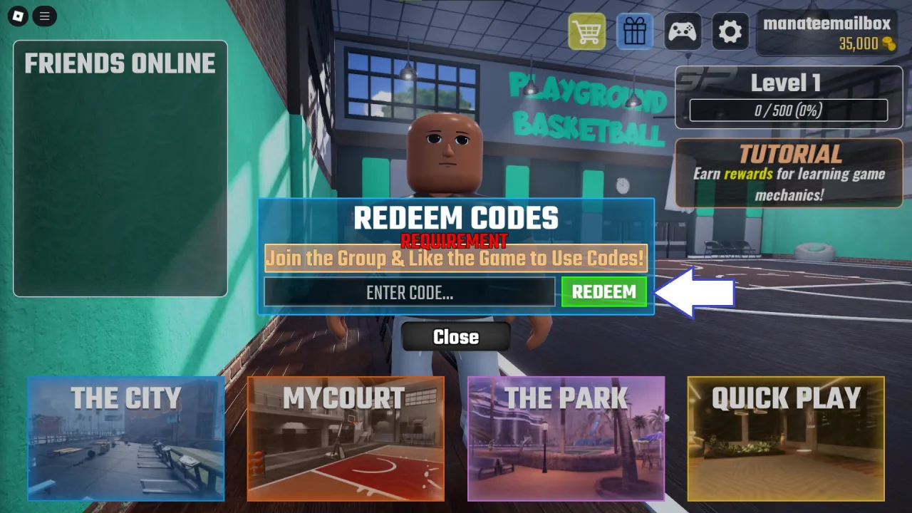 Tela de resgate de códigos Roblox no Playground Basketball – passo 2