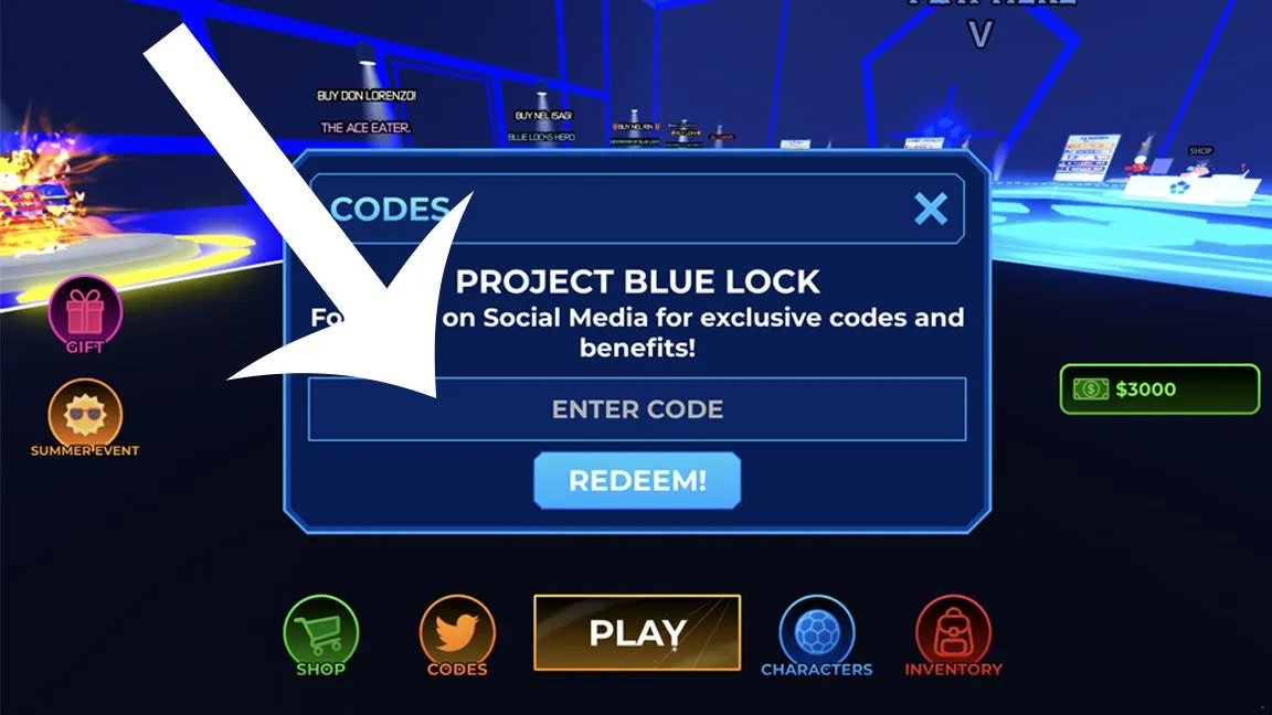Tela de resgate de códigos Roblox no Project Blue Lock – passo 2