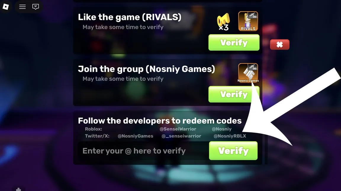 Como resgatar códigos Roblox no Rivals – passo 4
