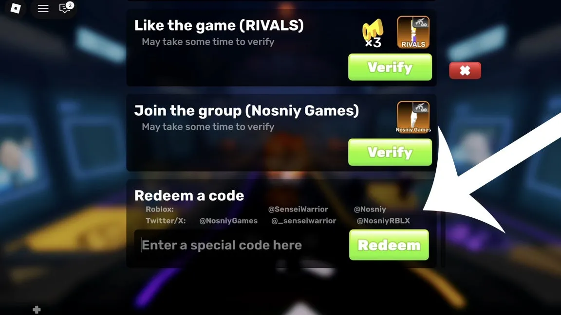 Tela de resgate de códigos Roblox no Rivals – passo 5
