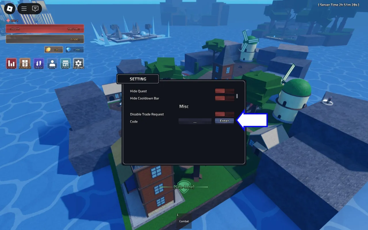 Tela de resgate de códigos Roblox no Rogue Piece – passo 2