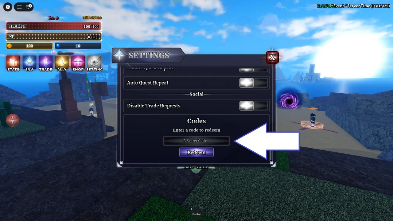 Tela de resgate de códigos Roblox no Sailor Piece – passo 2