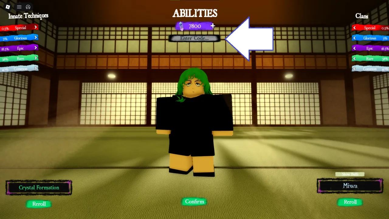 Tela de resgate de códigos Roblox no Sorcerer Ascent – passo 2