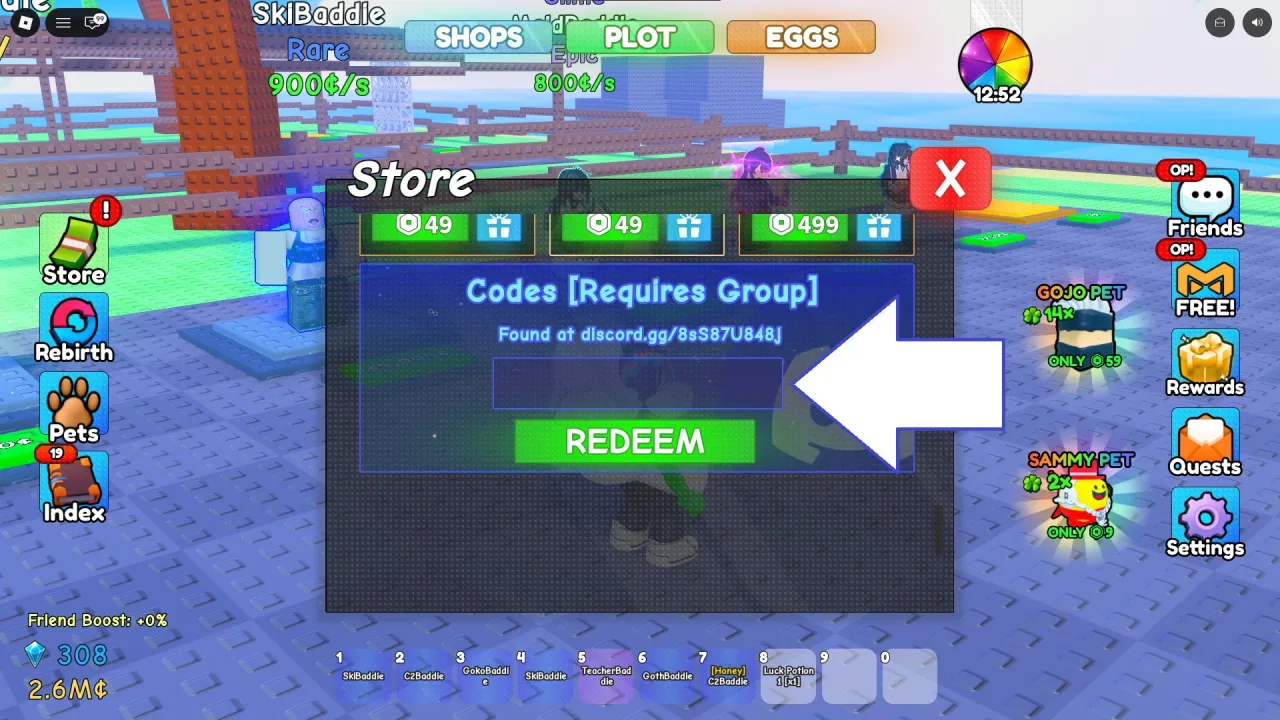 A screenshot of Spin a Baddie in Roblox showing the game's codes field.