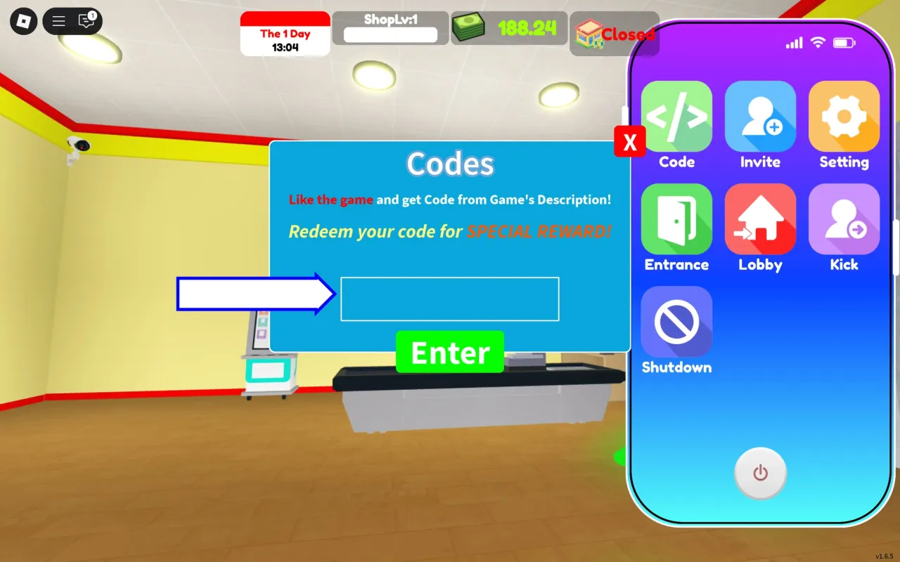 Tela de resgate de códigos Roblox no Supermarket Together – passo 2