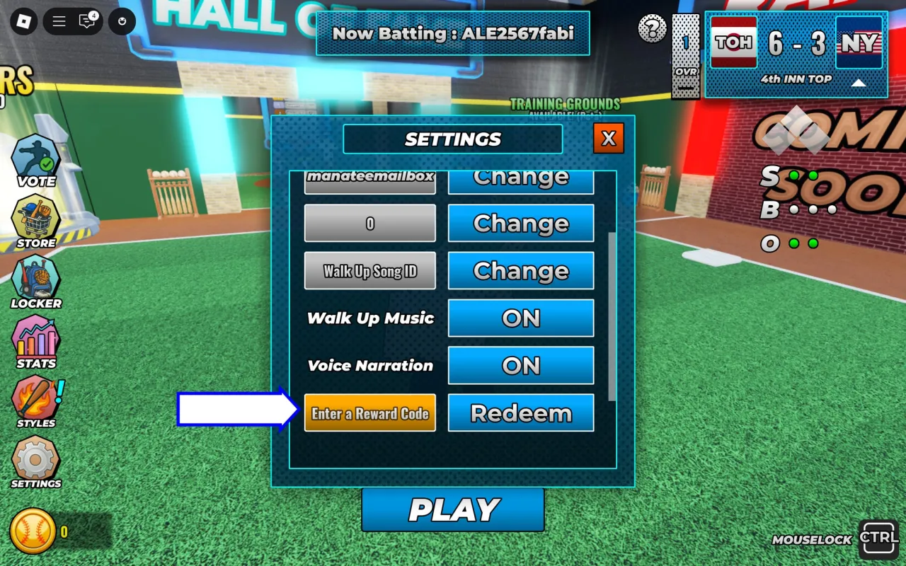 Tela de resgate de códigos Roblox no Superstar Baseball – passo 2