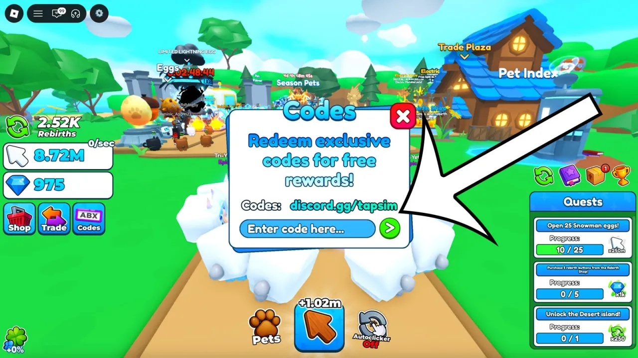 Tela de resgate de c&oacute;digos Roblox no Tap Simulator &ndash; passo 2