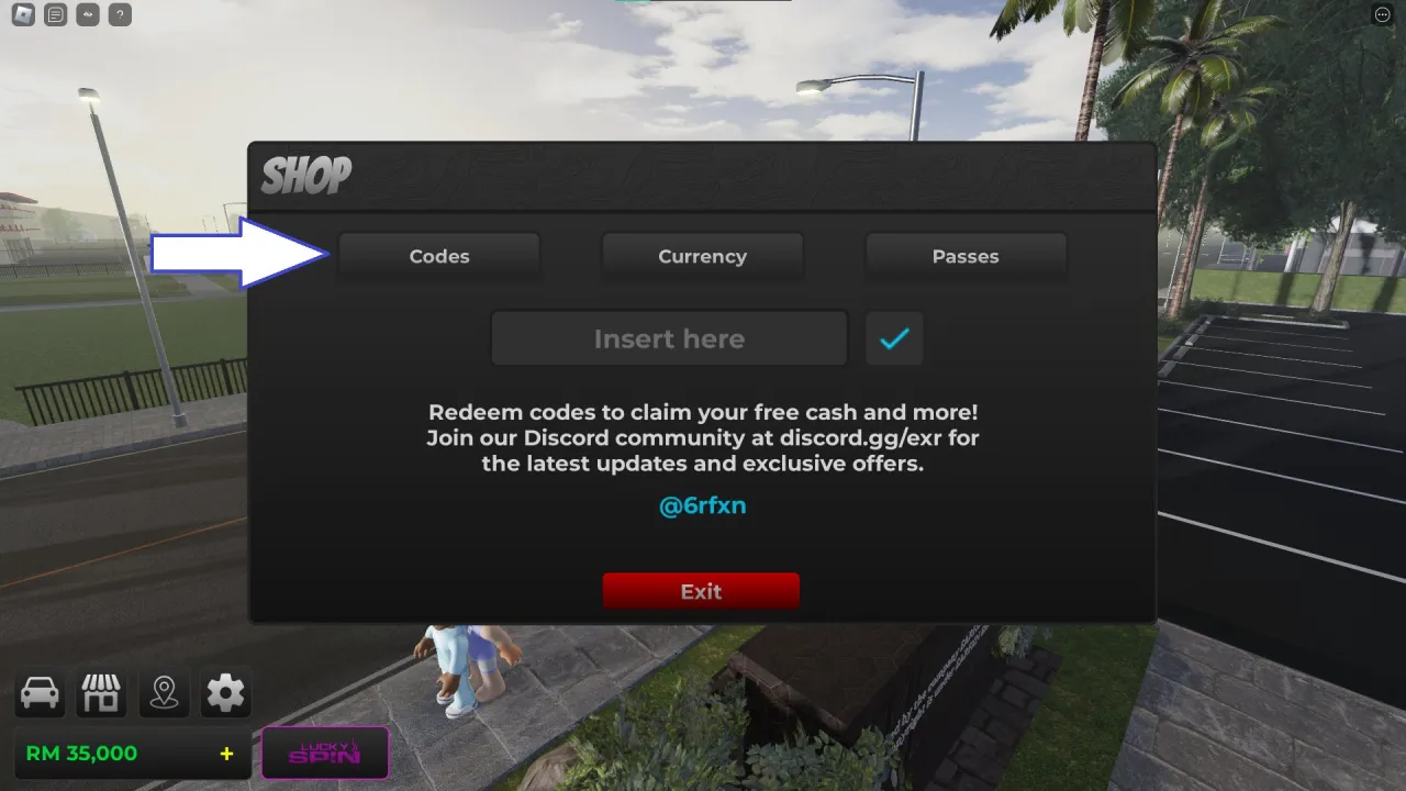 Tela de resgate de códigos Roblox no The Ride – passo 2