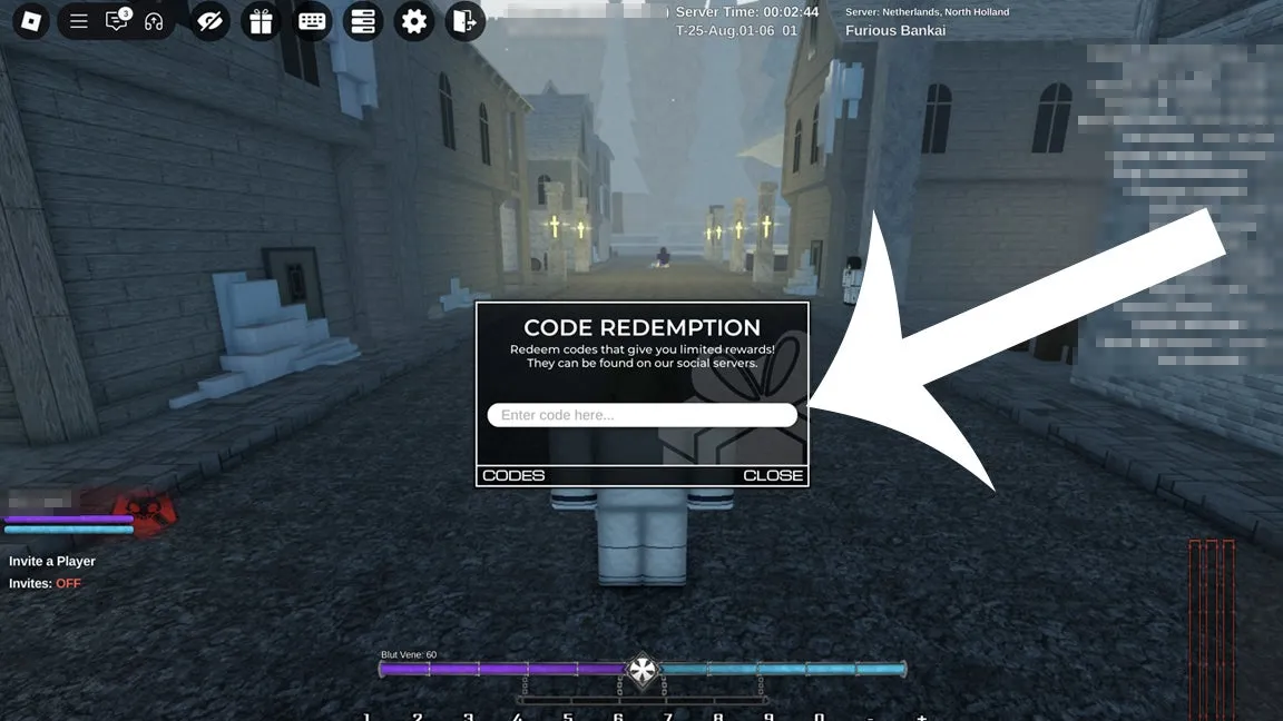Tela de resgate de códigos Roblox no Type Soul – passo 2