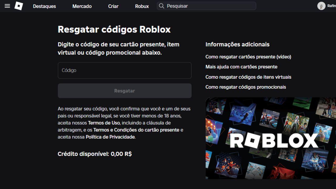 Página oficial de resgate de código no Roblox