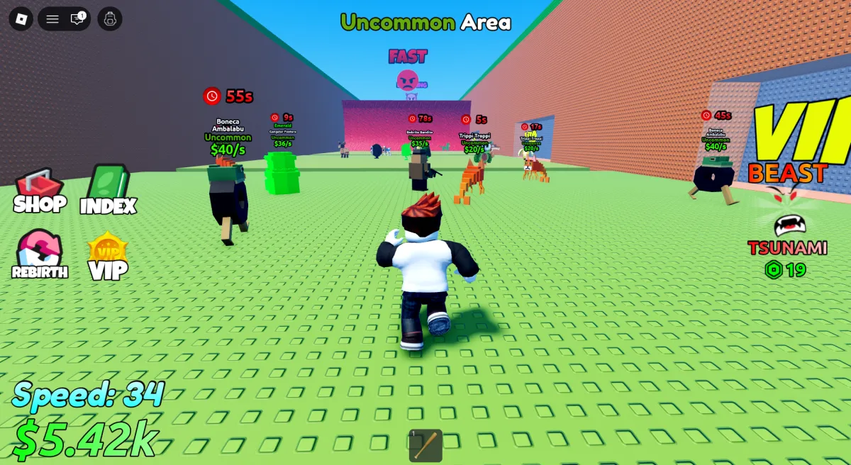 Jogador coletando Brainrots raros em Escape Tsunami for Brainrots
