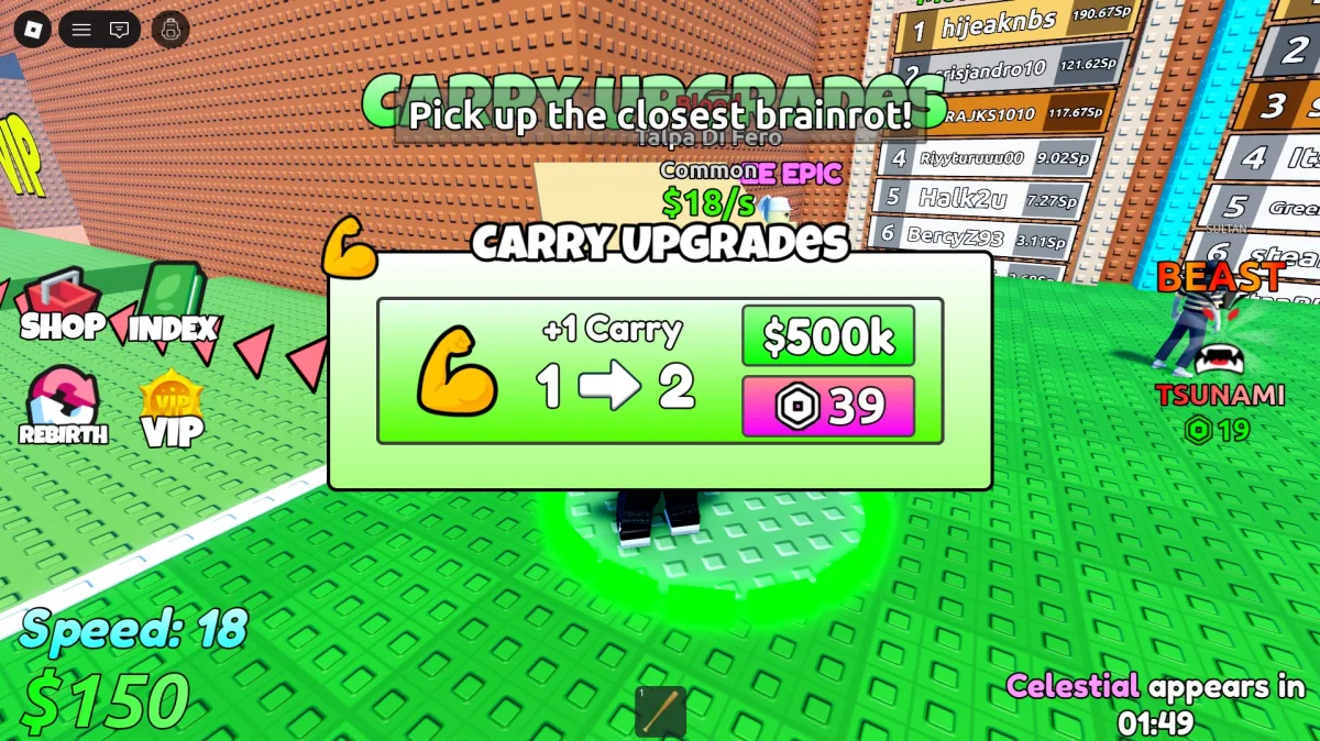 Upgrade de capacidade de carga em Escape Tsunami for Brainrots